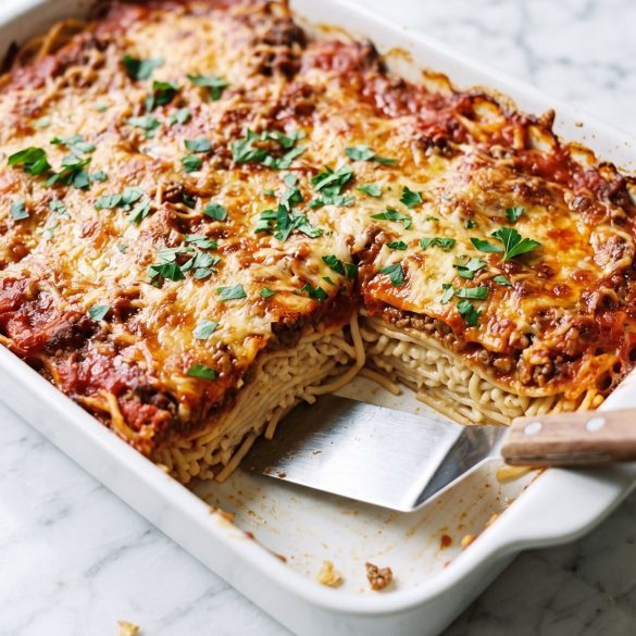 A baking dish of spaghetti casserole with meat sauce and golden Parmesan, one square served