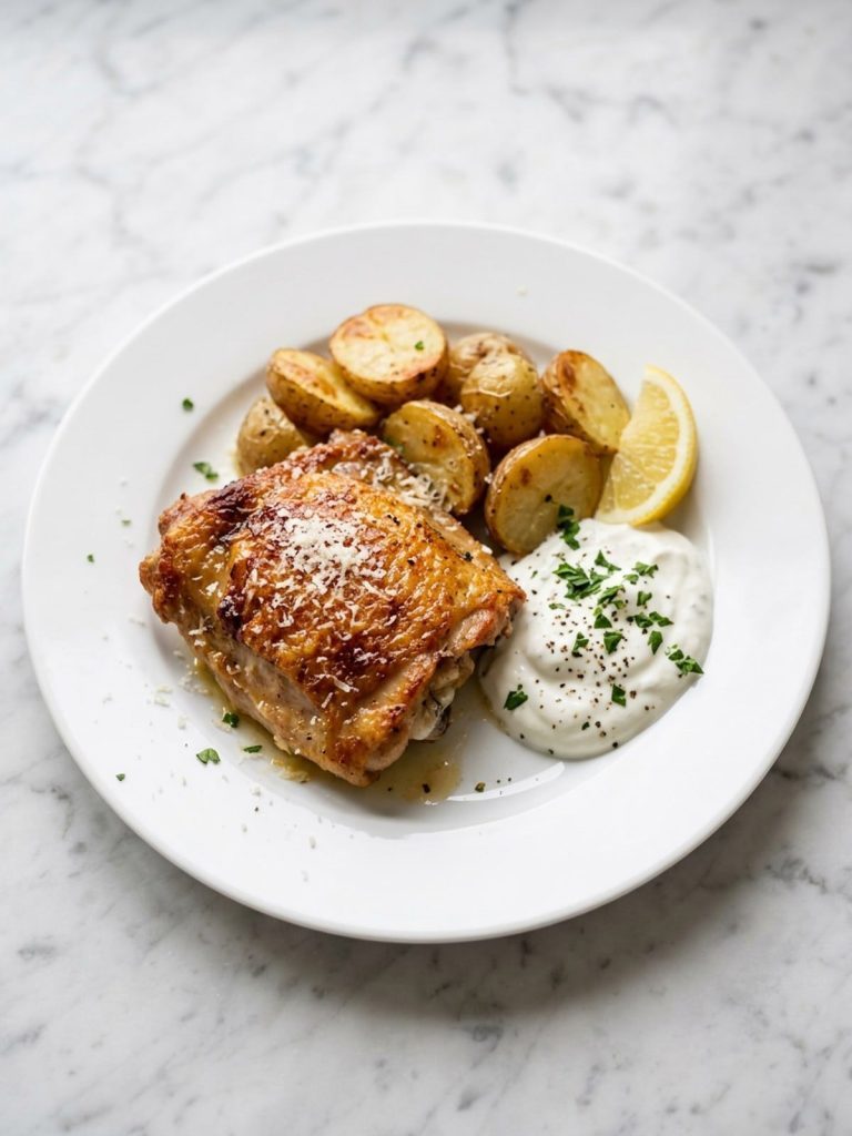 A crisp chicken thigh with golden baby potatoes and yogurt sauce on a white plate