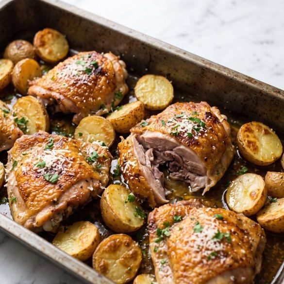 Crisp golden chicken thighs and halved baby potatoes in a roasting tray, sprinkled with Parmesan