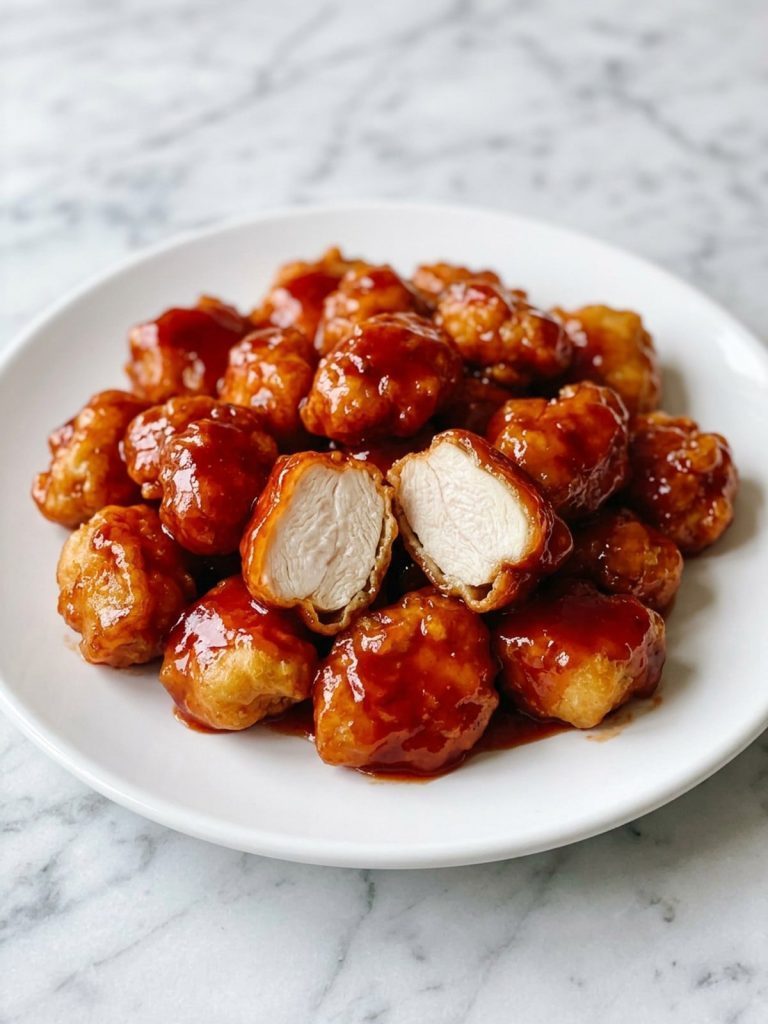 Close view of sticky sweet and sour chicken pieces on a white plate