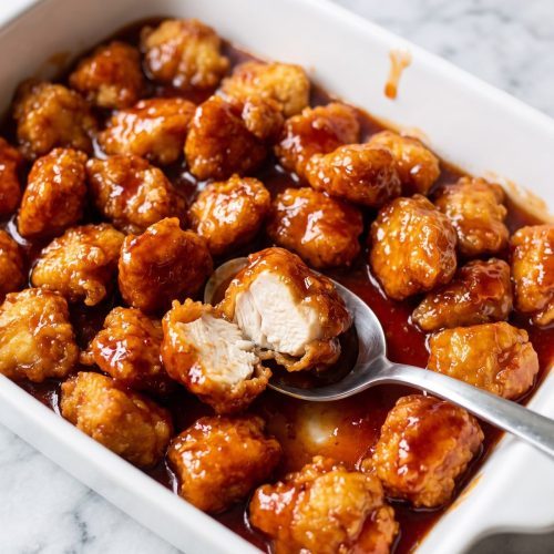 A baking dish of glazed sweet and sour chicken pieces in sticky red-orange sauce