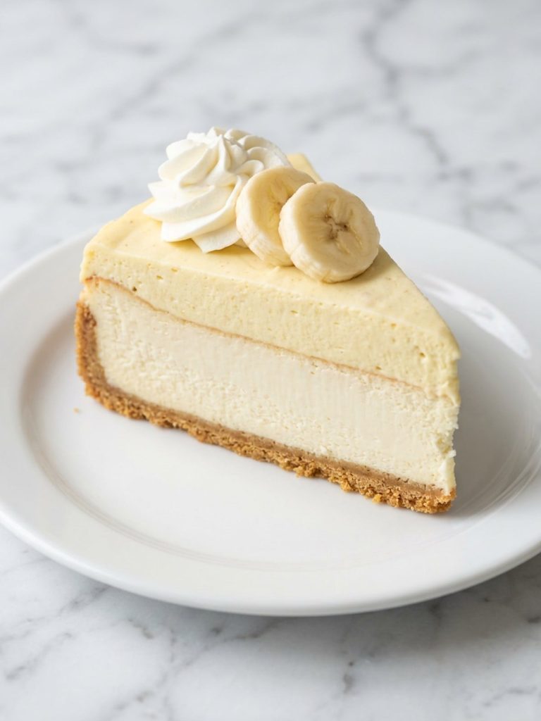 A slice of banana cream cheesecake showing the crust, cheesecake layer and banana cream topping
