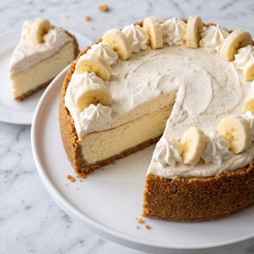 A banana cream cheesecake topped with banana slices and whipped cream, one slice cut out