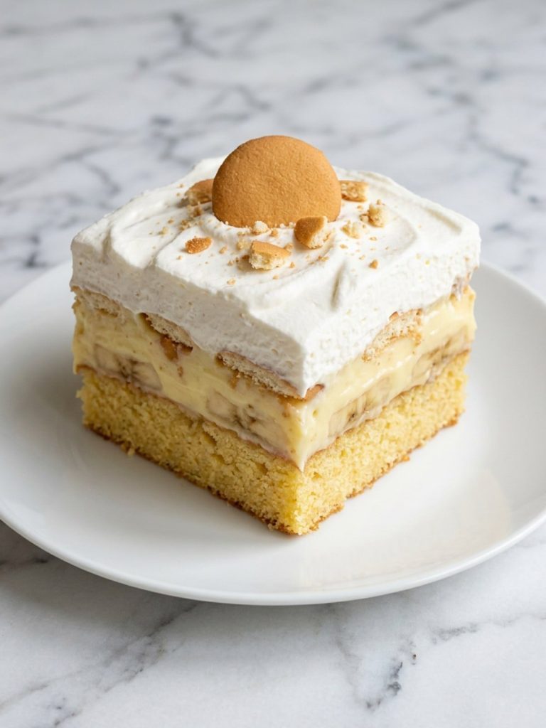 A square of banana pudding cake with yellow cake, vanilla pudding, banana slices, wafers and whipped cream