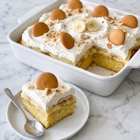 A 9x13-inch banana pudding cake topped with whipped cream, banana slices and vanilla wafers, one square cut out