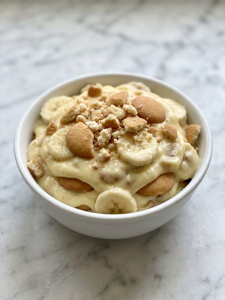 A full bowl of banana pudding with banana slices, soft vanilla wafers and thick pudding