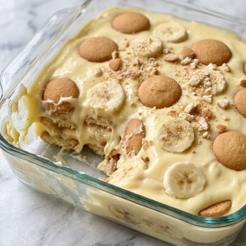 A square dish of banana pudding with a scoop removed, showing layers of pudding, banana slices and vanilla wafers