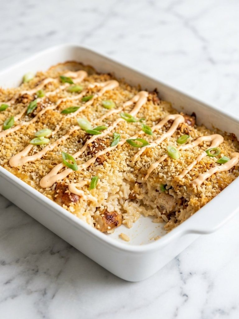 Bang bang chicken casserole with a golden panko top in a 9x13 baking dish