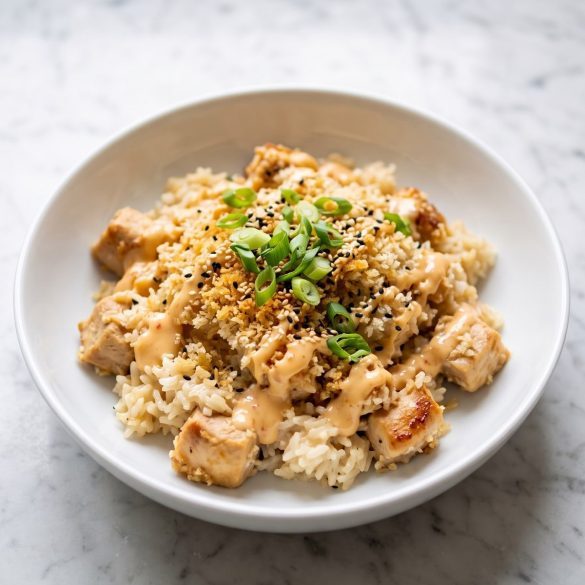 A serving of bang bang chicken casserole with rice, golden panko, creamy orange sauce and green onion