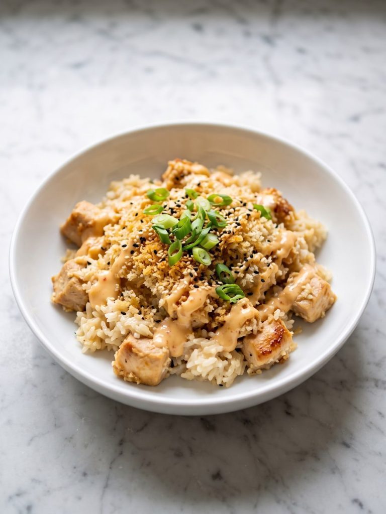 A serving of bang bang chicken casserole with rice, golden panko, creamy orange sauce and green onion