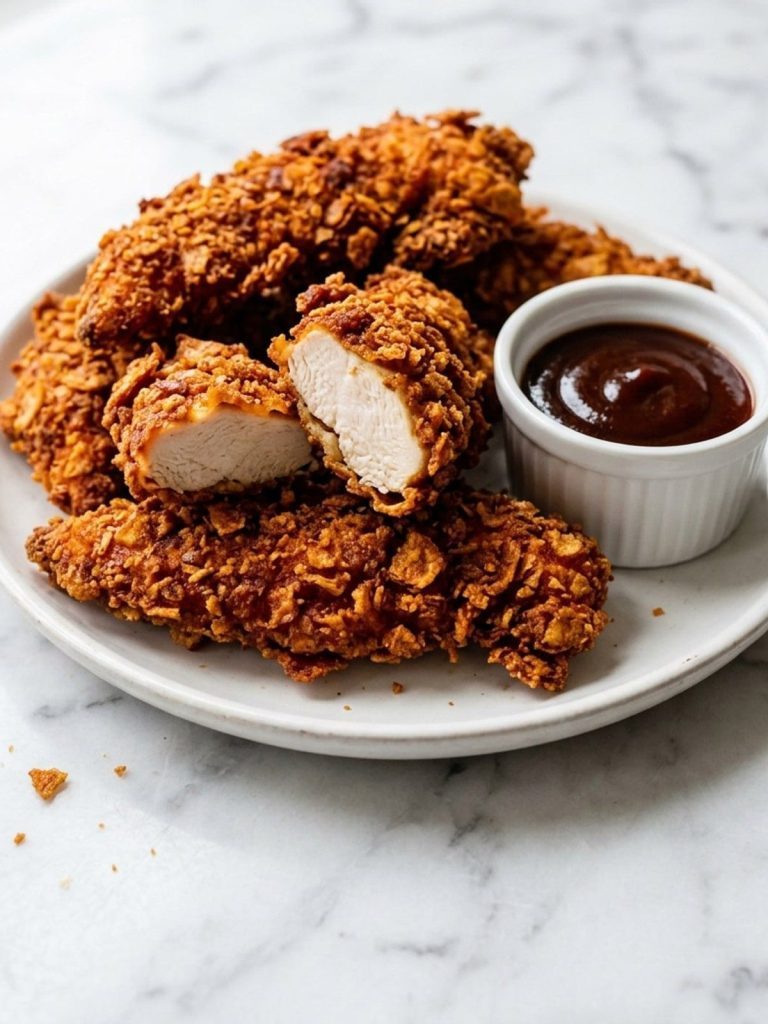 A plate of crunchy BBQ chip crusted chicken strips with a small bowl of barbecue sauce