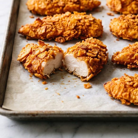 Crunchy barbecue potato chip crusted chicken strips on a lined sheet pan, one broken open
