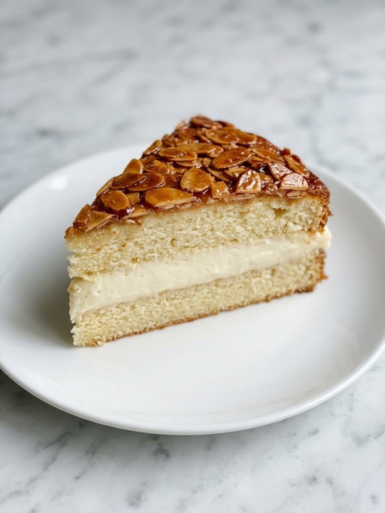 A slice of bee sting cake with thick vanilla cream between yeast cake layers and a honey-almond crust