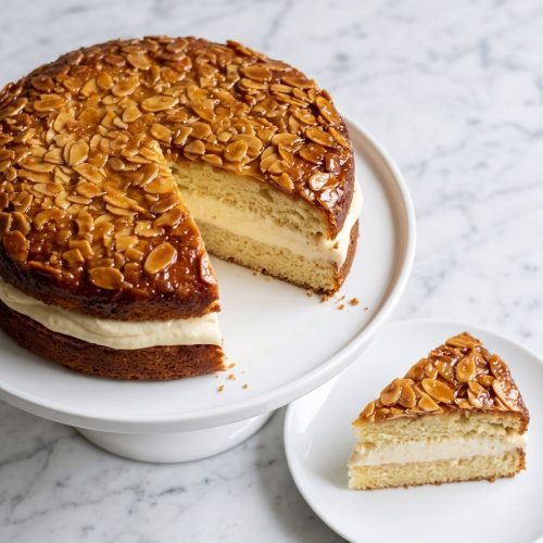 A round bee sting cake with a golden honey-almond top and vanilla cream filling, one slice cut out