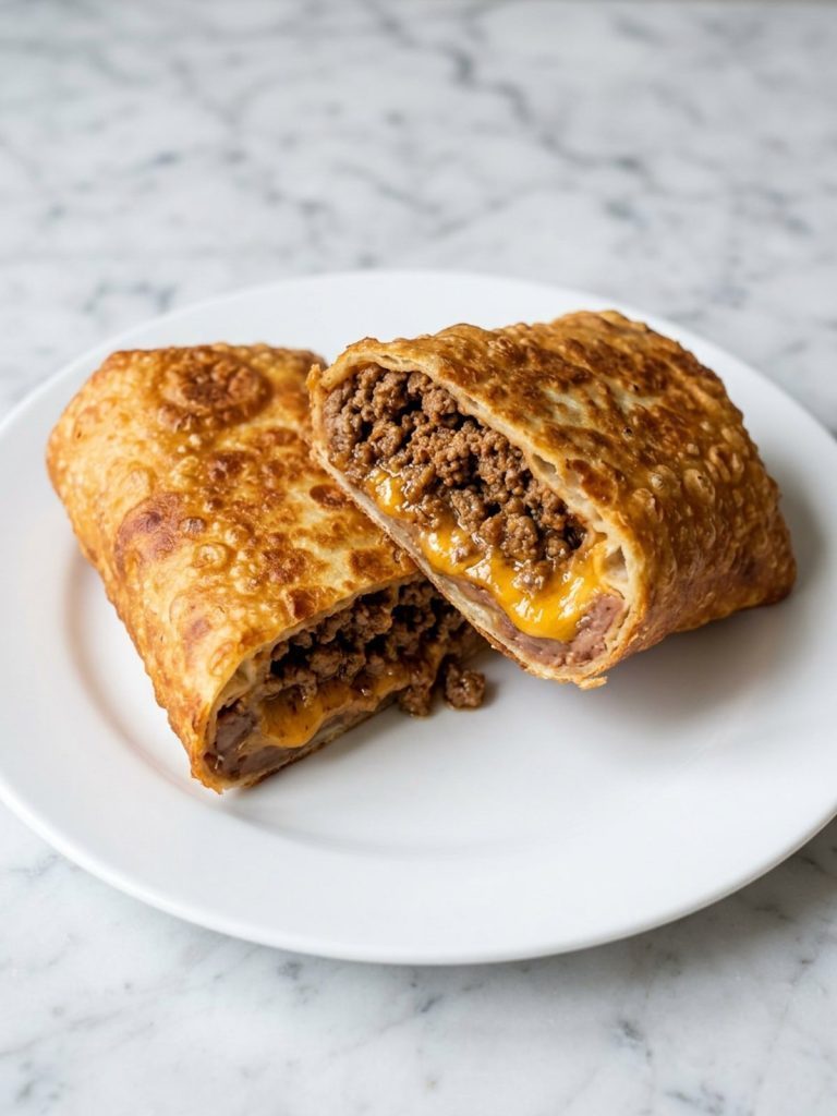 A fried chimichanga cut in half showing ground beef, refried beans and melted cheese