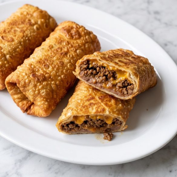 Golden fried chimichangas on a white platter, one cut open with seasoned beef, beans and melted cheese