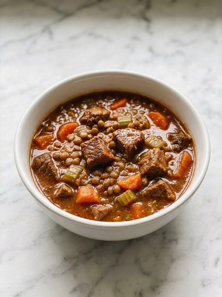 A full bowl of beef and lentil soup with beef cubes, lentils and carrots