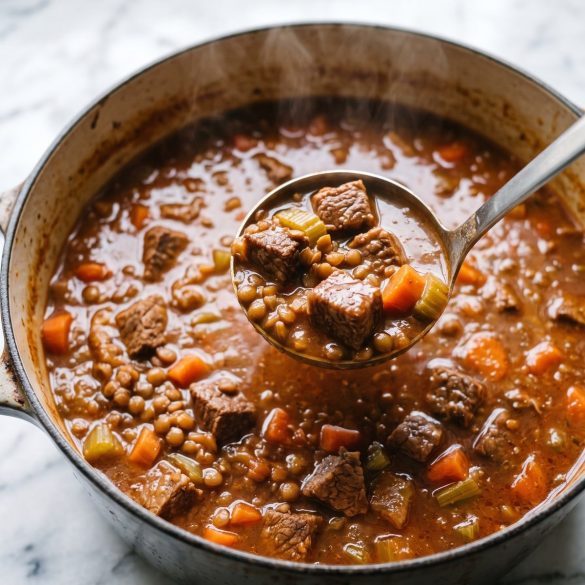 A pot of thick beef and lentil soup with carrots and celery, with a ladle