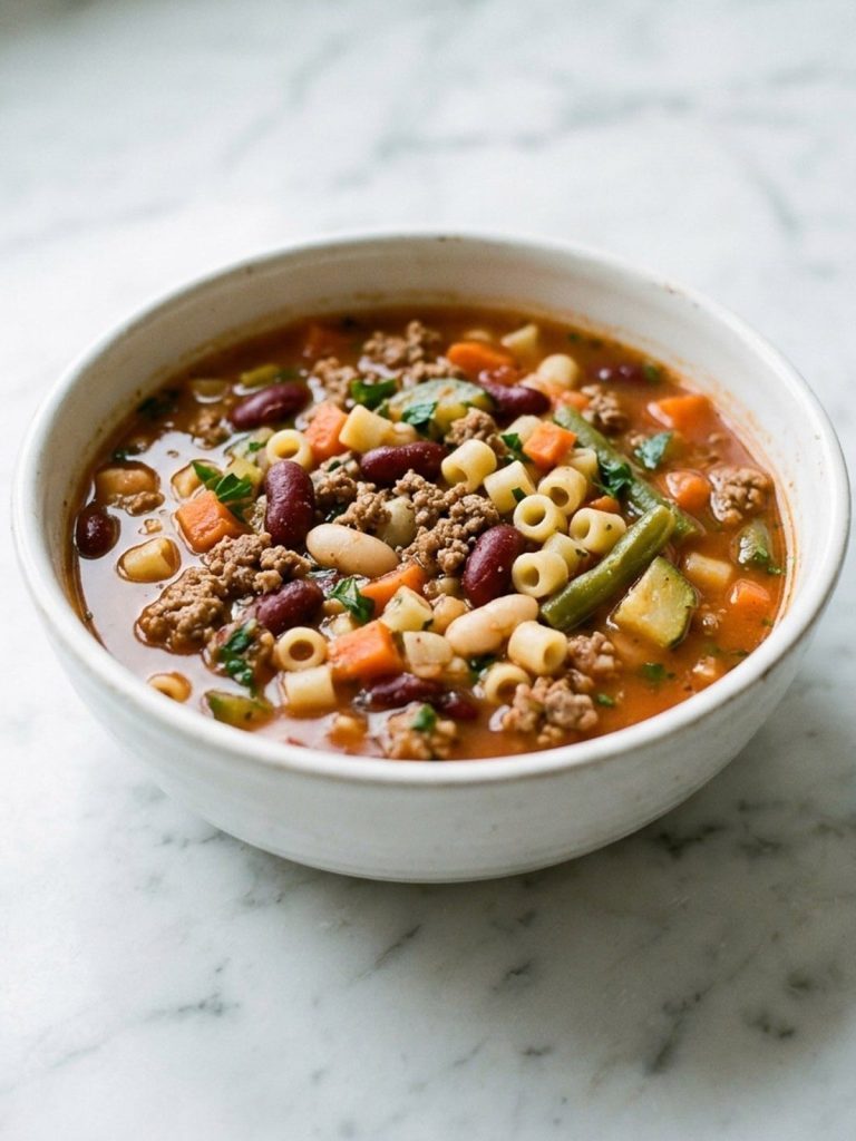 Close view of beef minestrone soup with beans, pasta and vegetables