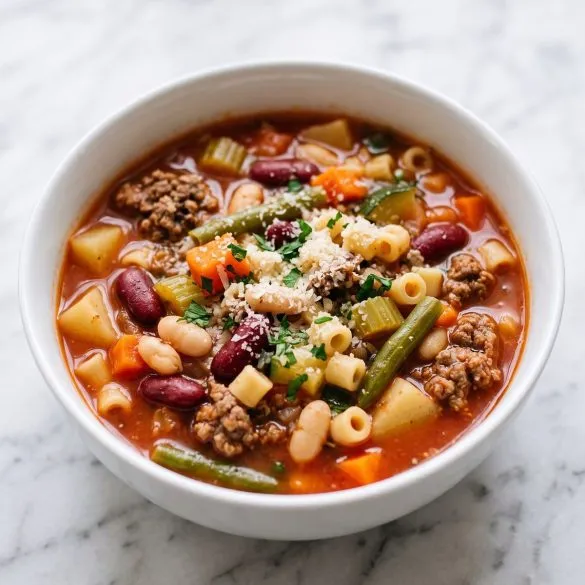 A bowl of beef minestrone soup with ground beef, kidney beans, white beans, ditalini, carrots and zucchini in a tomato broth