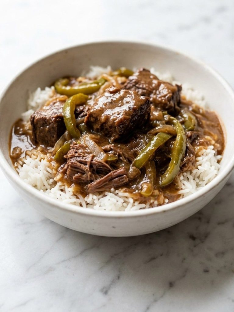 Close view of tender beef chunks, green pepper and onion in gravy over rice