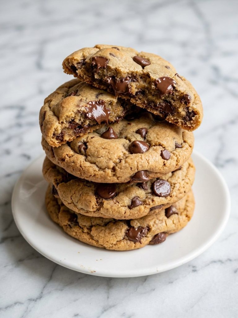 A stack of thick, pale golden chocolate chip cookies on a white plate