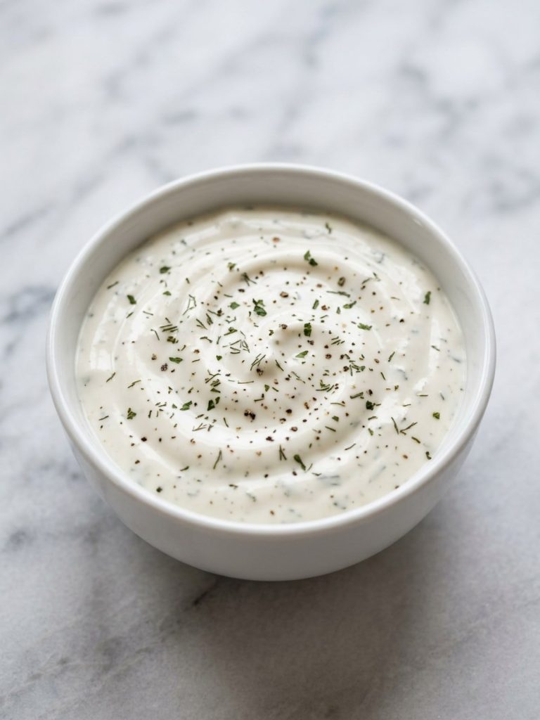 A white bowl full of thick homemade ranch dressing with green herb flecks