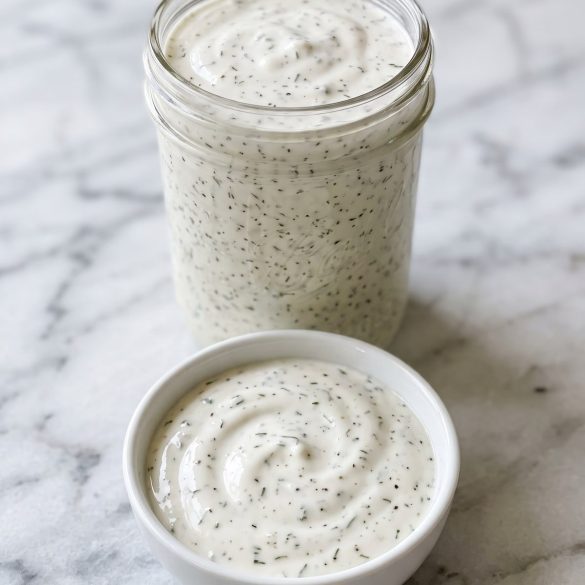 A glass jar of creamy homemade ranch dressing flecked with dried herbs