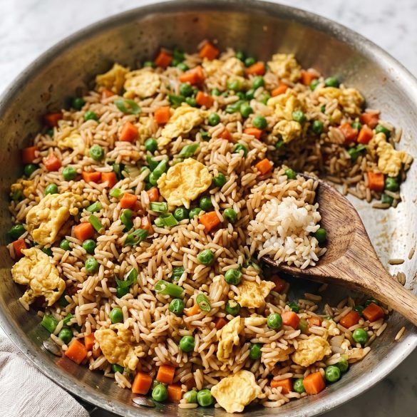 Fried rice with egg, peas, carrot and green onions in a large skillet