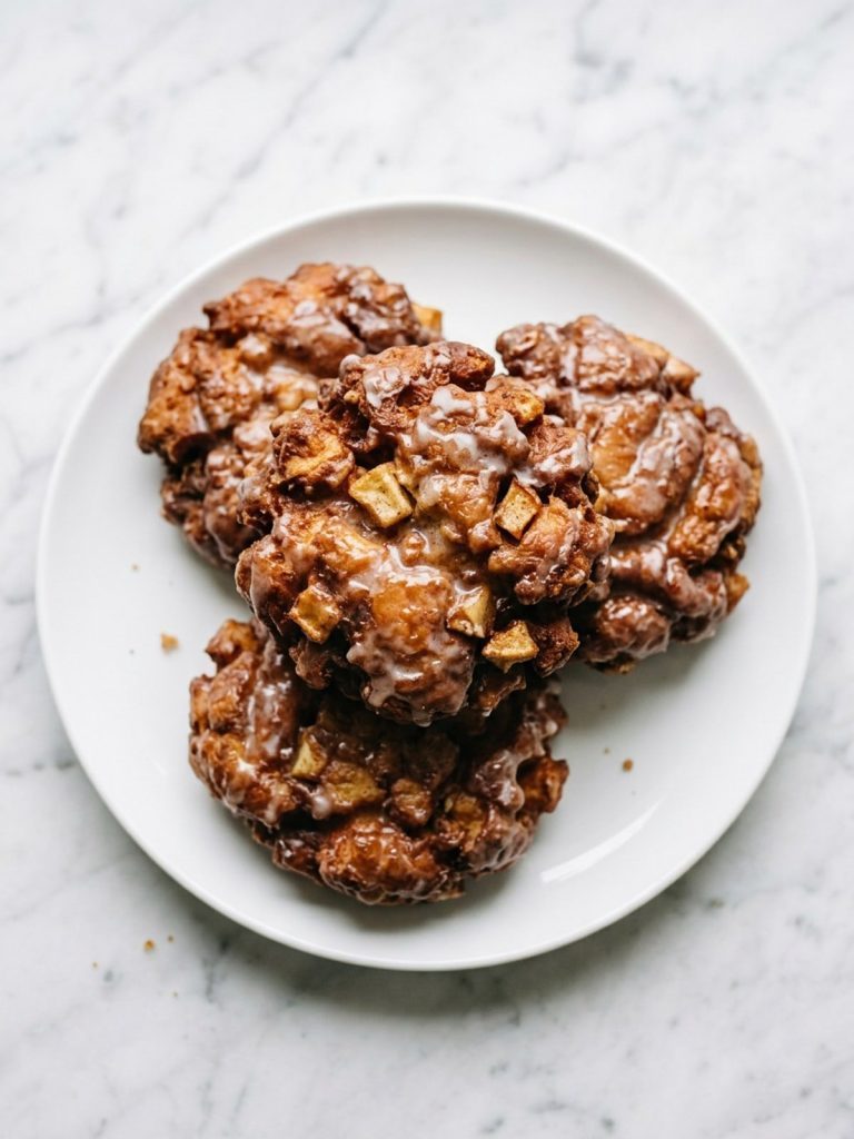A white plate stacked with glazed golden apple fritters showing the crisp craggy crust