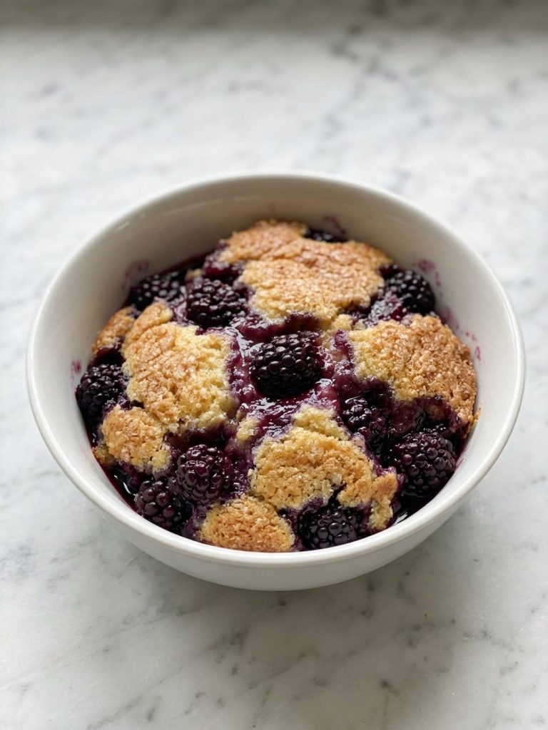 A bowl of warm blackberry cobbler with golden crust and juicy baked blackberries