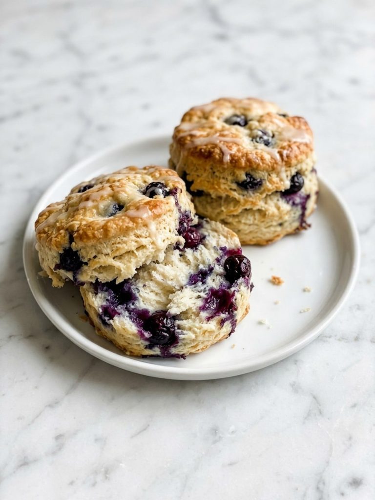 A tall glazed blueberry biscuit split open to show the fluffy crumb and berries