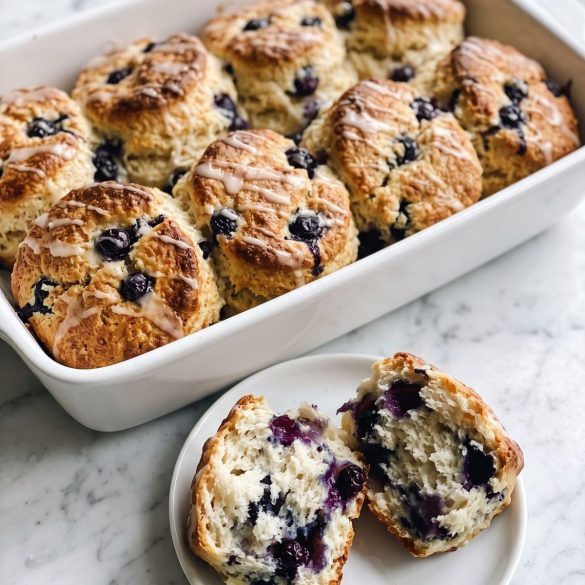 A baking dish of tall golden blueberry biscuits drizzled with white lemon glaze
