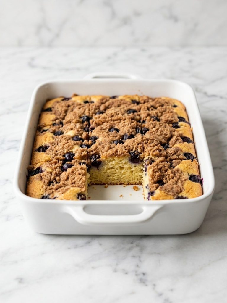Blueberry pancake casserole with crumb topping in a 9x13 baking dish