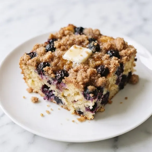 A square of blueberry pancake casserole with crumb topping and maple syrup on a white plate