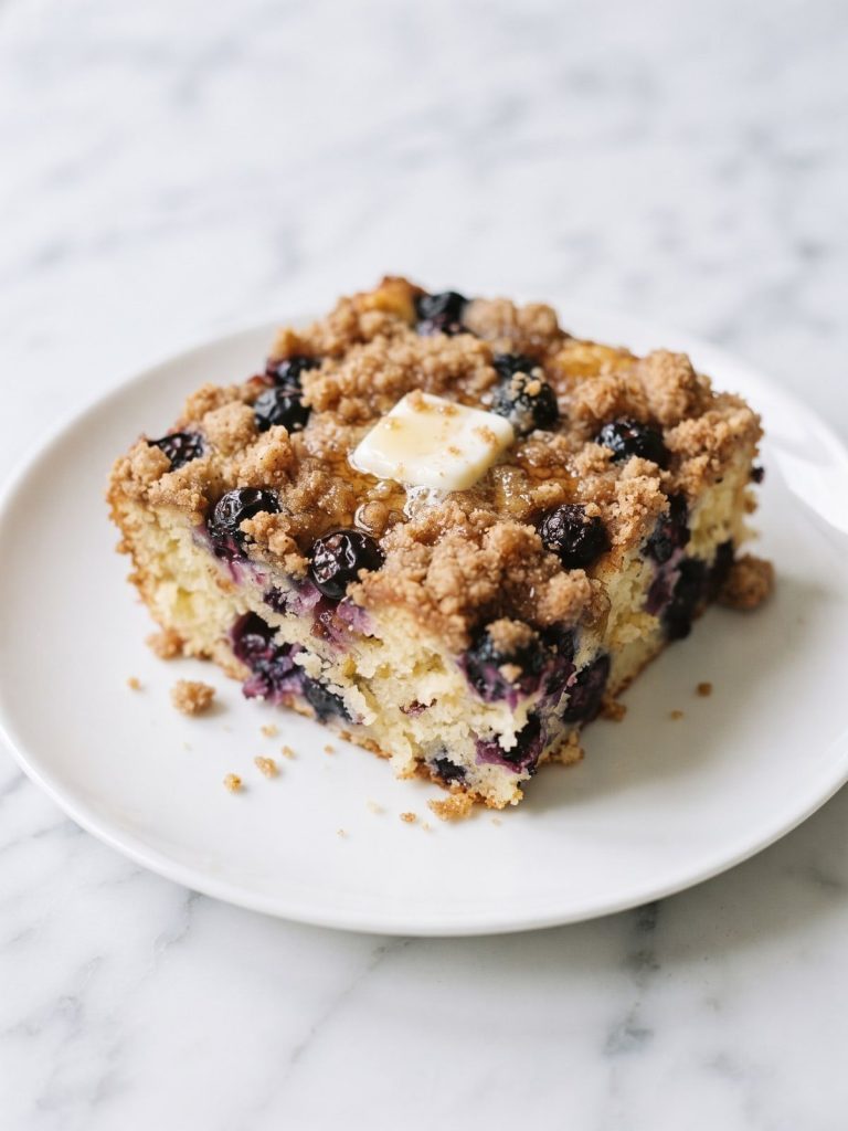 A square of blueberry pancake casserole with crumb topping and maple syrup on a white plate