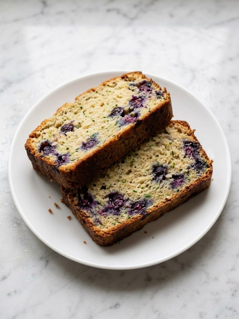 Two slices of moist blueberry zucchini bread on a white plate