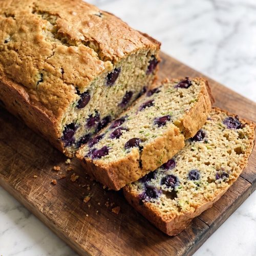 A loaf of blueberry zucchini bread with several slices cut, showing blueberries and zucchini flecks