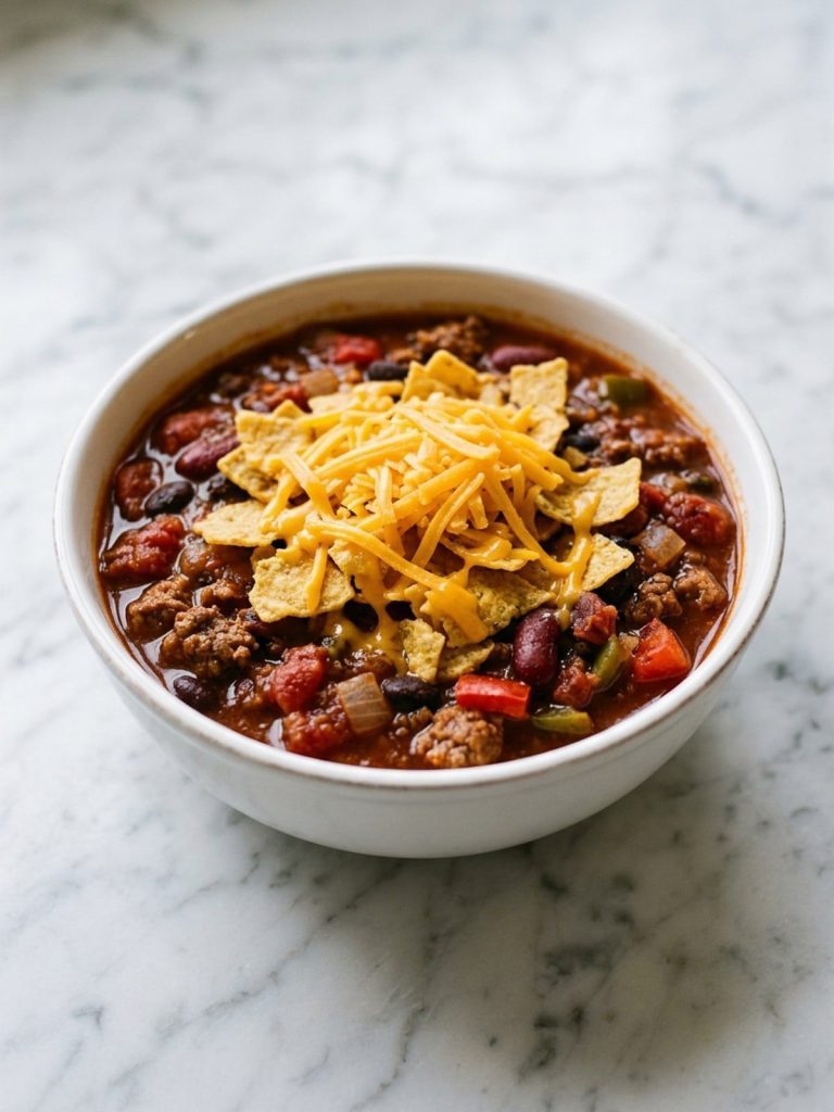 A full bowl of boilermaker chili topped with corn chips and shredded cheddar