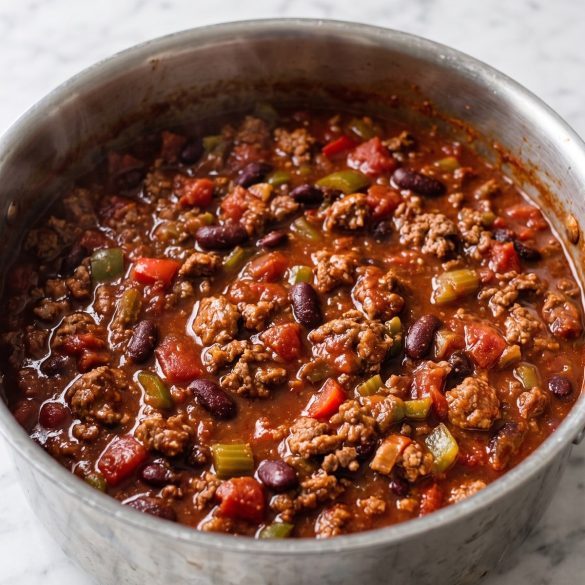 A large stock pot of thick boilermaker chili with ground beef, sausage, beans and peppers