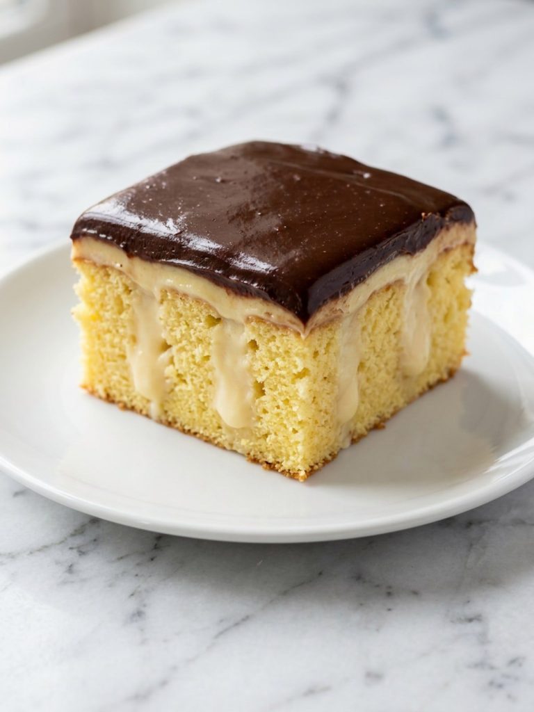 A square of yellow cake with pudding-filled holes and a chocolate frosting top