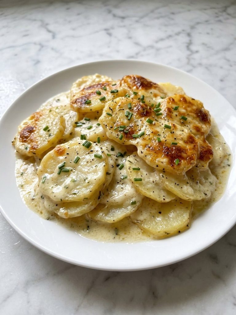 A serving of layered creamy scalloped potatoes with chives on a white plate