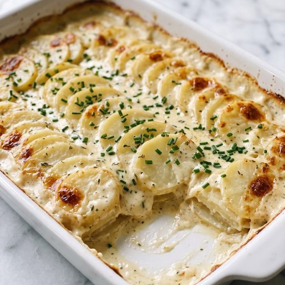 A baking dish of creamy scalloped potatoes with a browned top and chopped chives