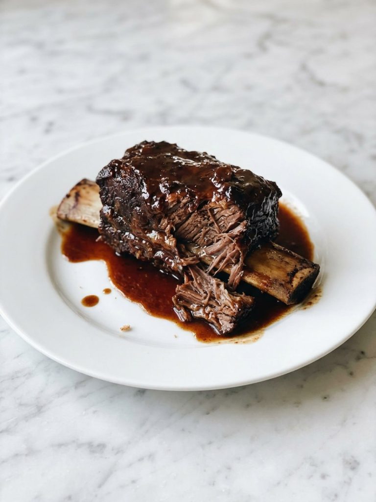 One fork-tender braised short rib on the bone with glossy red wine sauce spooned over it