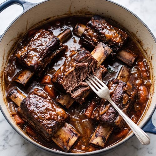 Bone-in braised short ribs in a dark red wine sauce in a Dutch oven
