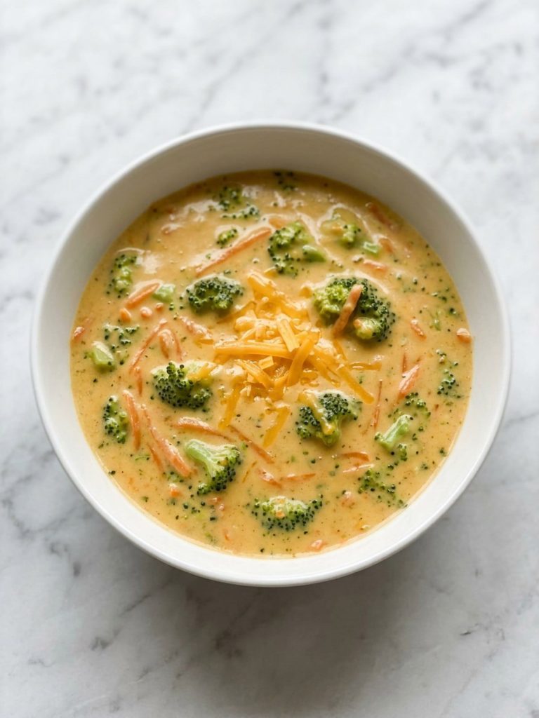 A white bowl of thick, creamy broccoli cheddar soup with broccoli florets and carrot shreds