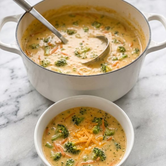 A Dutch oven of creamy golden broccoli cheddar soup with a bowl served in front