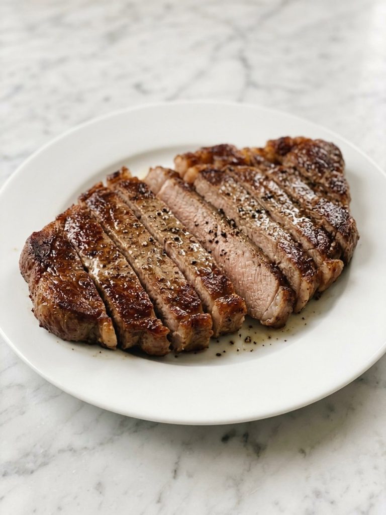 Close view of sliced broiled sirloin steak with a browned crust and melted butter