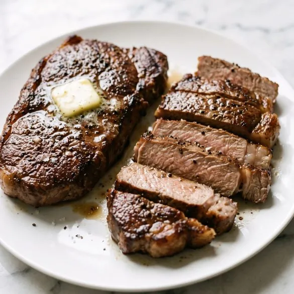 Two thick broiled top sirloin steaks with a browned crust and a pat of melting butter, one sliced to show the cooked inside