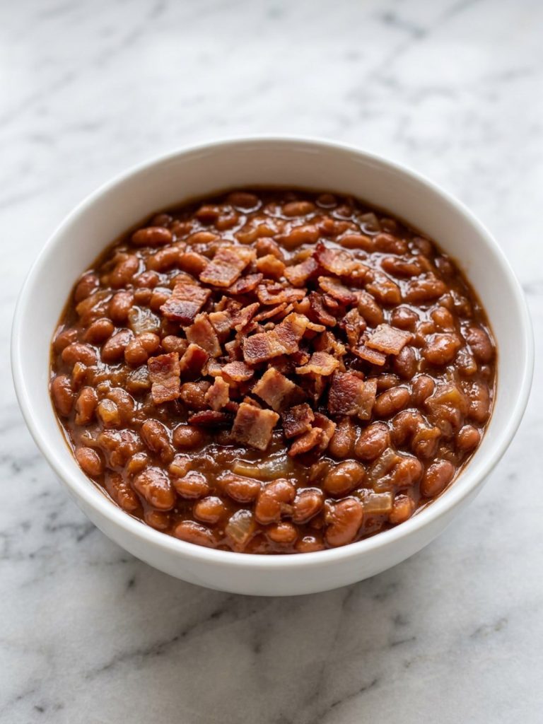 A white bowl of saucy baked beans topped with crisp bacon pieces